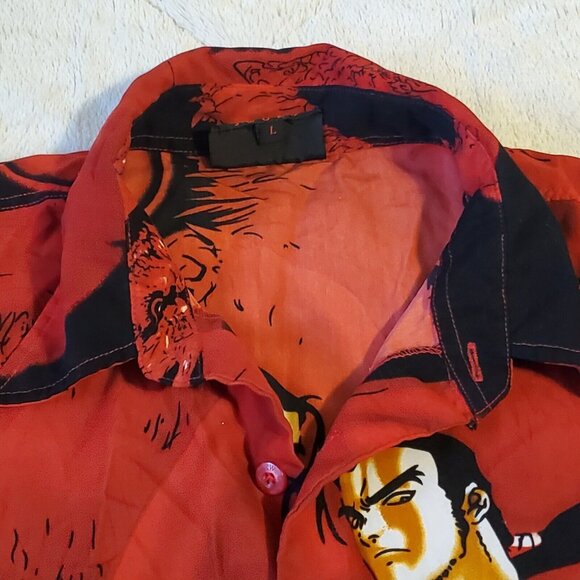 Sword Anime Dragon Cartoon Samurai Sword red Graphic Button Up 2XL - Picture 8 of 13